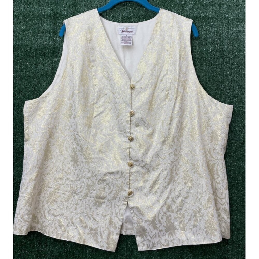 Vintage Worthington Women Gold Metallic Jacquard Button Vest Size 22 Floral